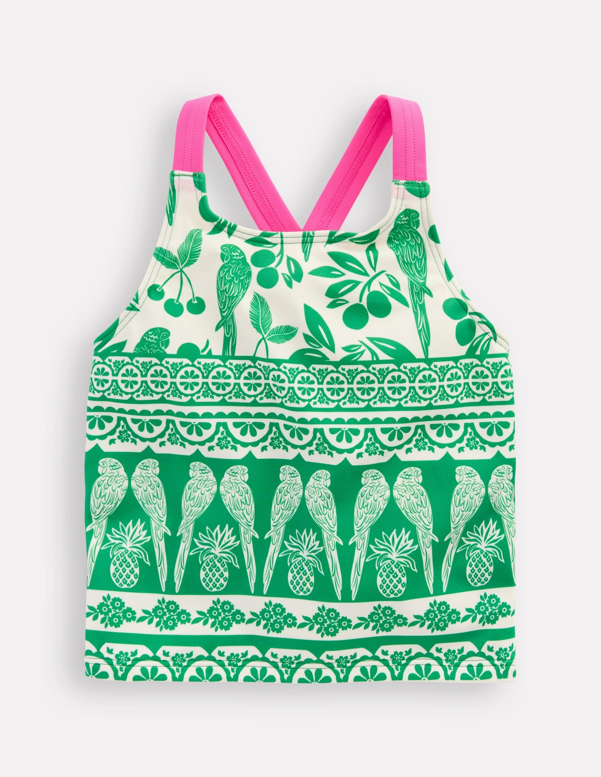 Kids friendly Cross-back Tankini Top-Rich Emerald Parrot Palm
