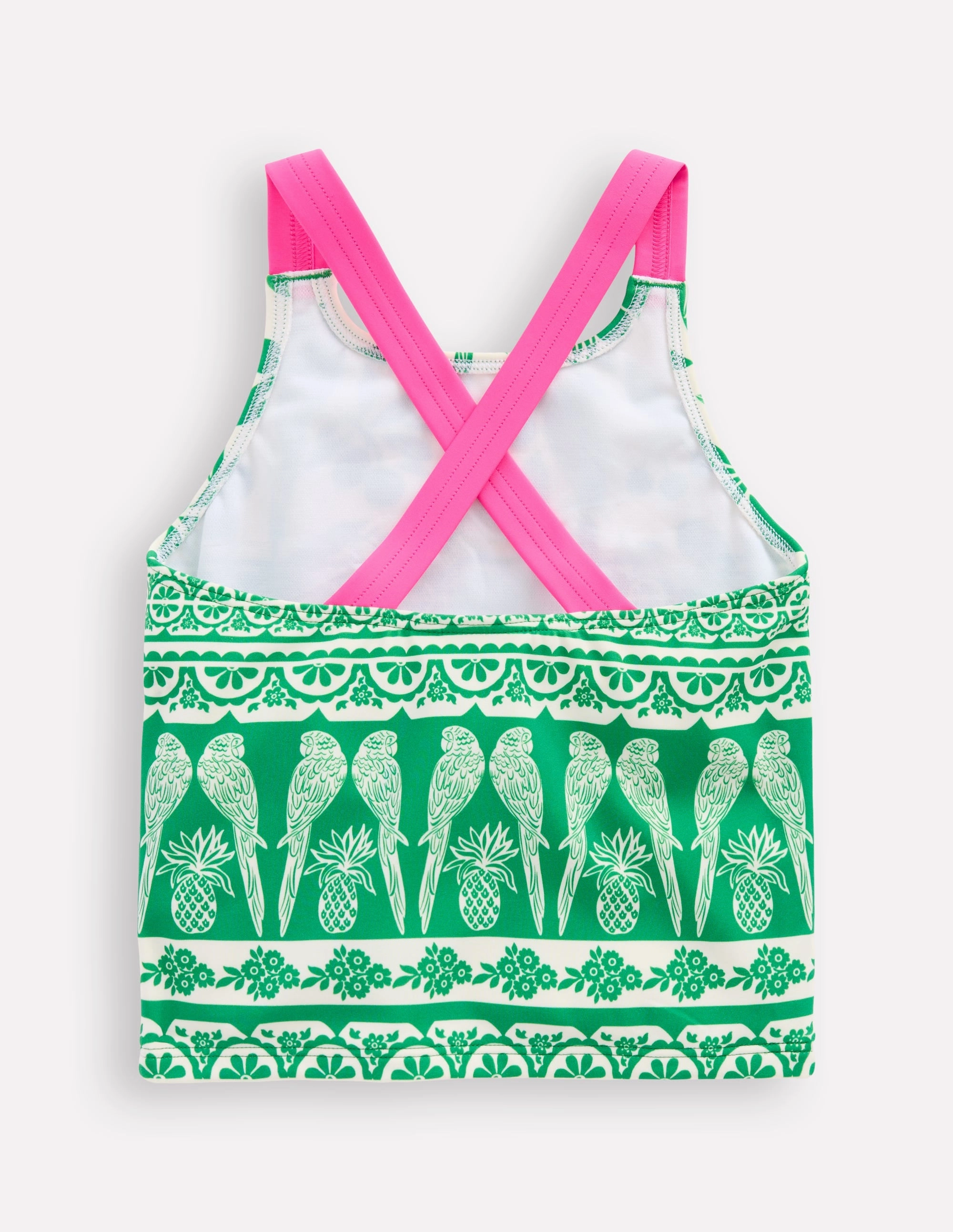 Travel Gear Seam Free Waistband Cross-back Tankini Top-Rich Emerald Parrot Palm
