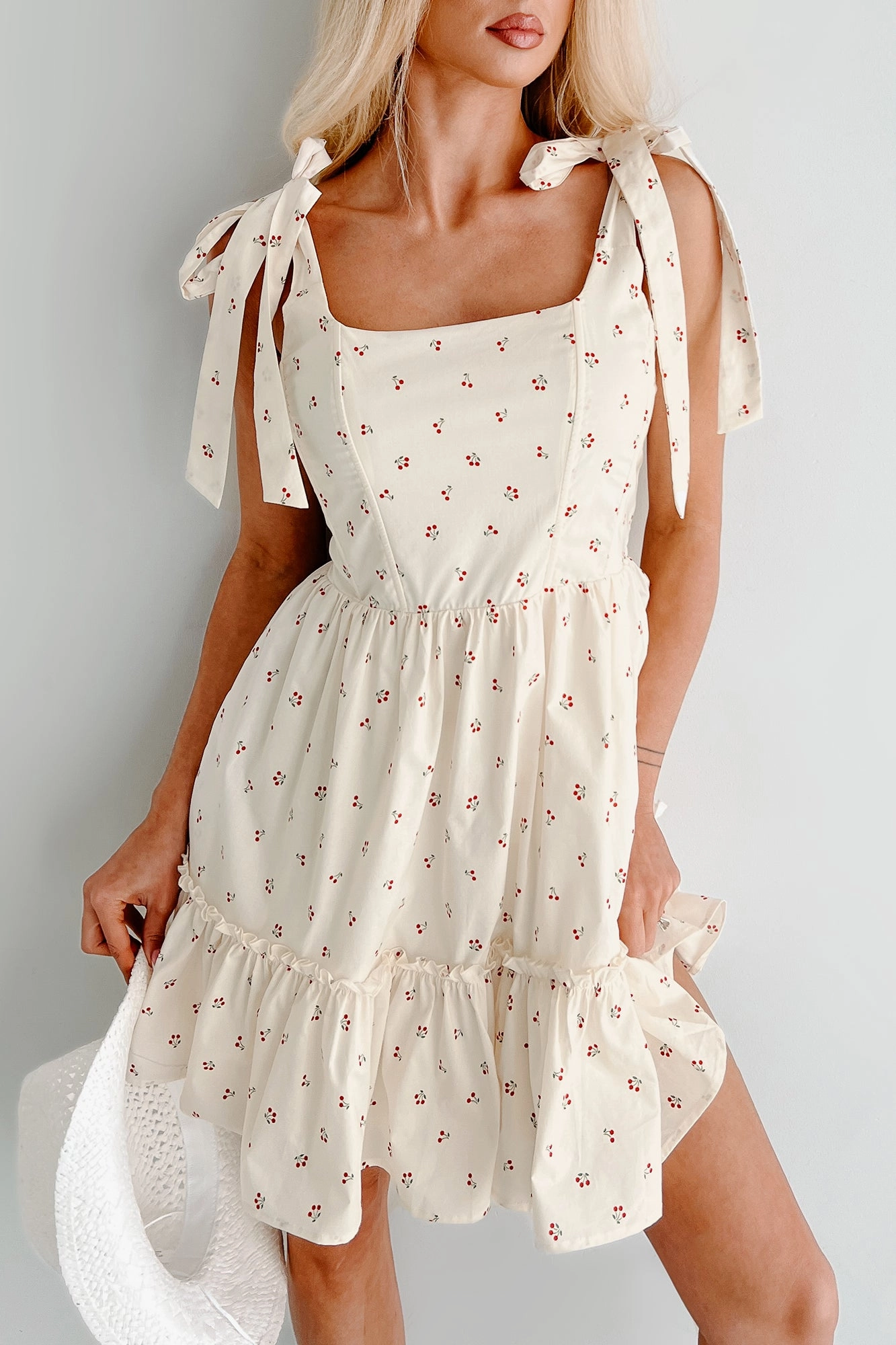 I'm All Yours Cherry Print Mini Dress (Cream) Velvet-Edge