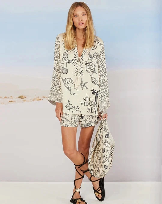 RibbedCuff Simple Style Mia String Tie Collar Blouse Mermaid