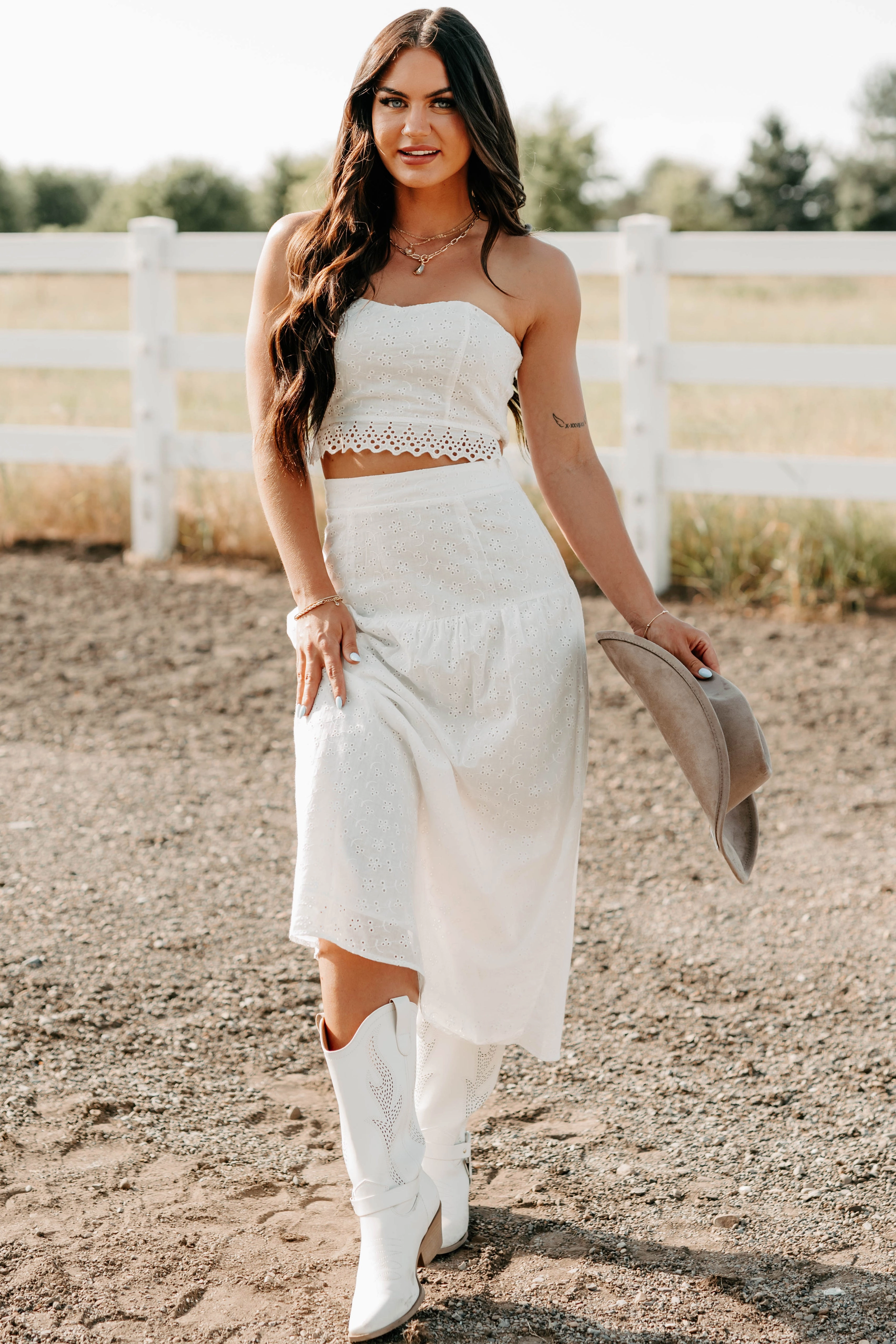 Crush Culture Crop Top Eyelet Skirt Set (White) Contrast Stitch Accent HeatRegulating