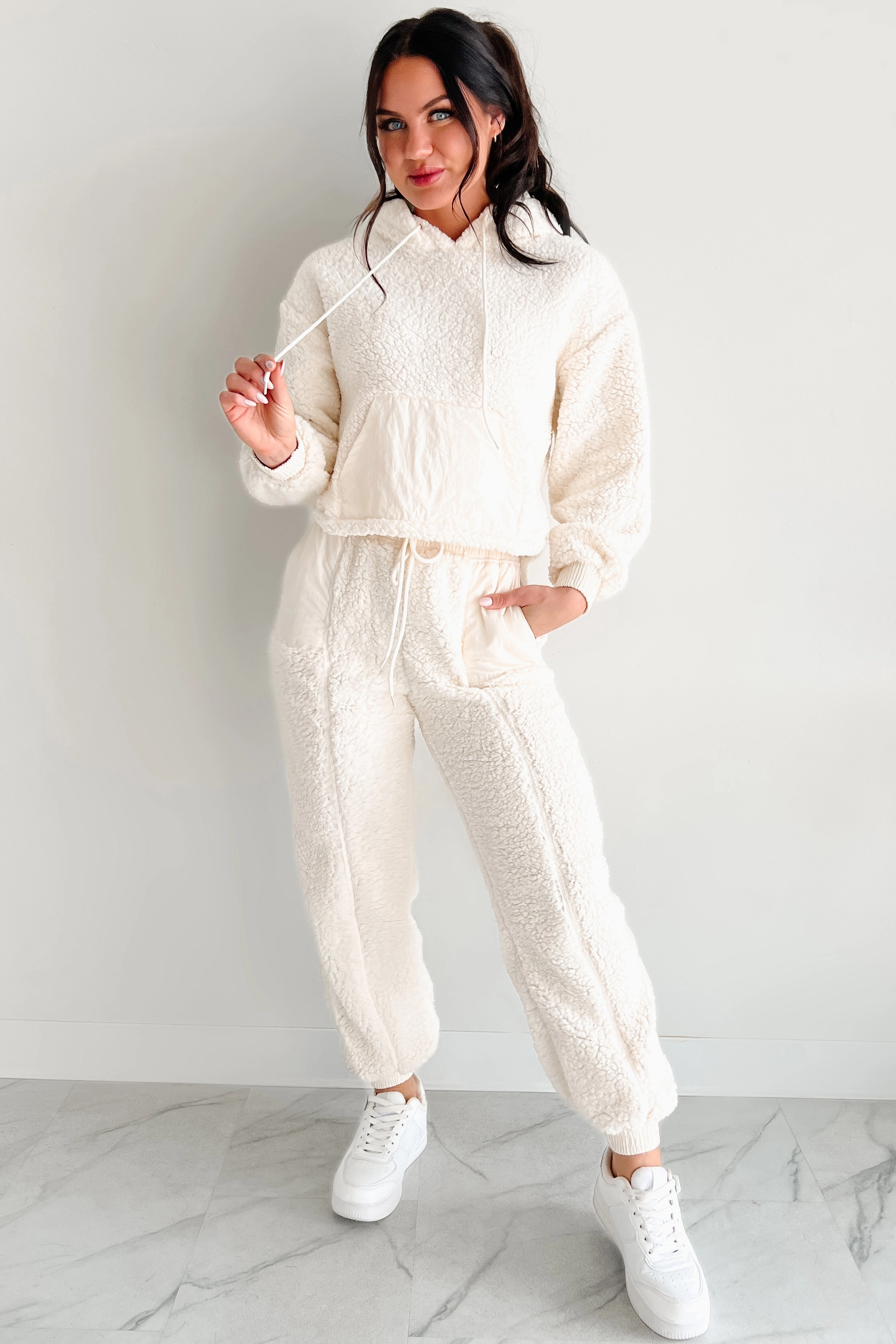 Adjustable Cuddling Up Two Piece Fleece Lounge Set (Cream)