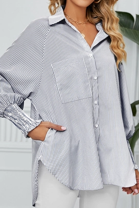 OdorResistant Treatment CUFF DRAW PLEATED LOOSE STRIPE COLLAR SHIRTS