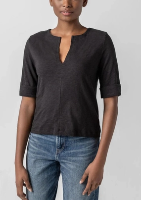 Cuffed Sleeve Split Neck Black FlexibleElasticatedEdging