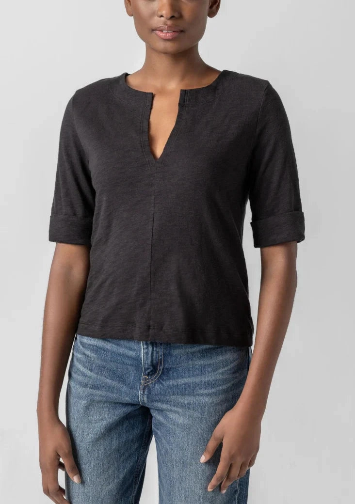 Cuffed Sleeve Split Neck Black FlexibleElasticatedEdging