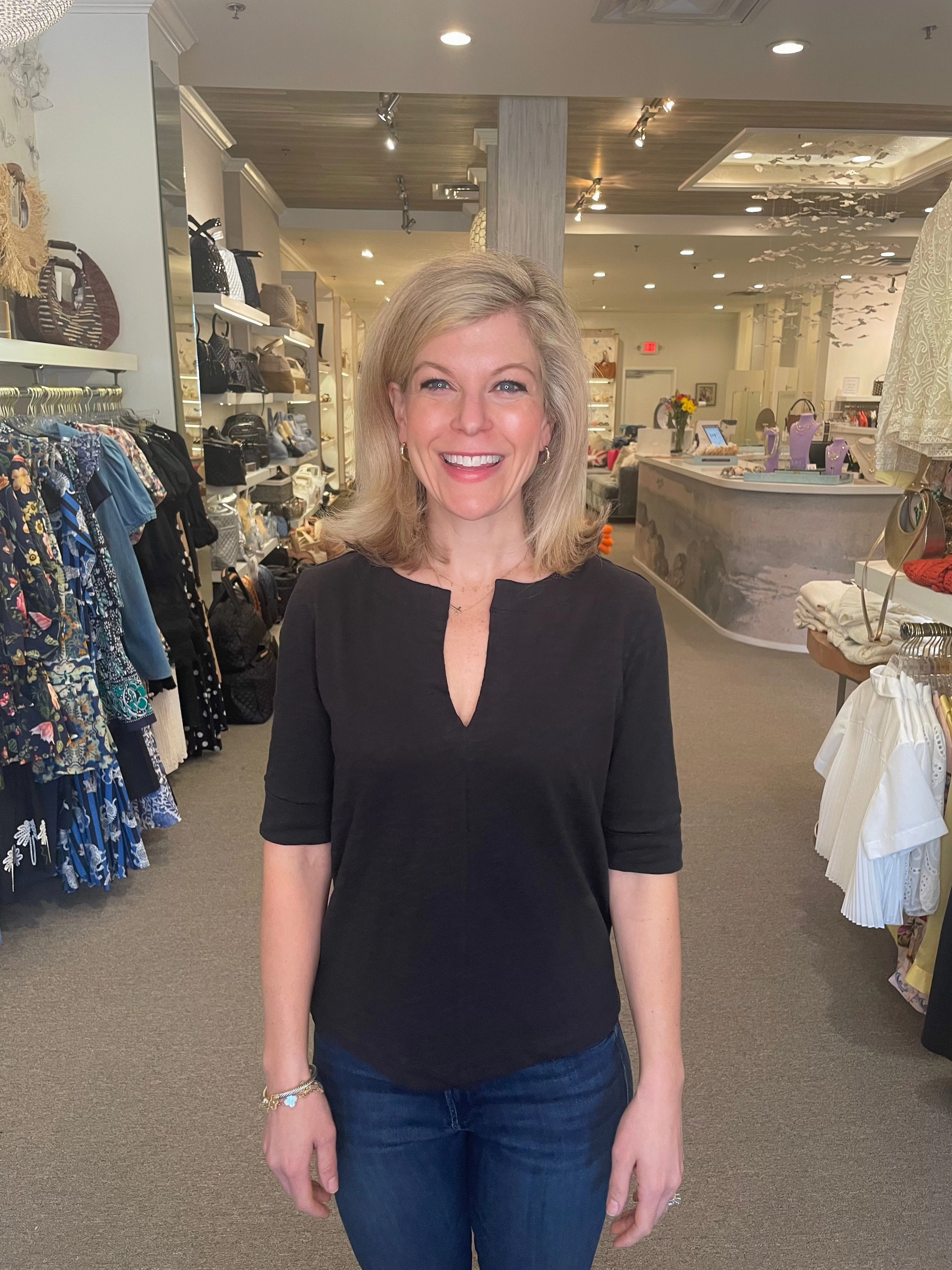 Stain Resistant Treatment Cuffed Sleeve Split Neck Black