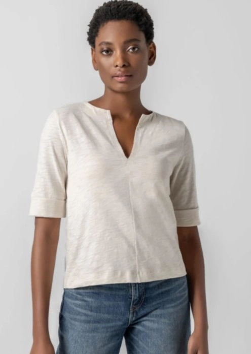 CompressionFit Stretch Blouse Cuffed Sleeve Split Neck Canvas