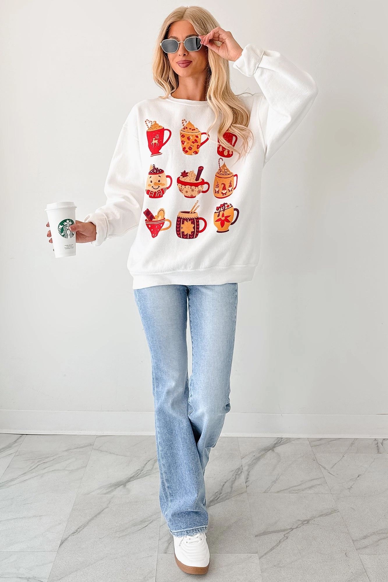 Cup Of Happiness Holiday Graphic Sweatshirt (Cream) Knit Fabric Technology EcoCertified Textile