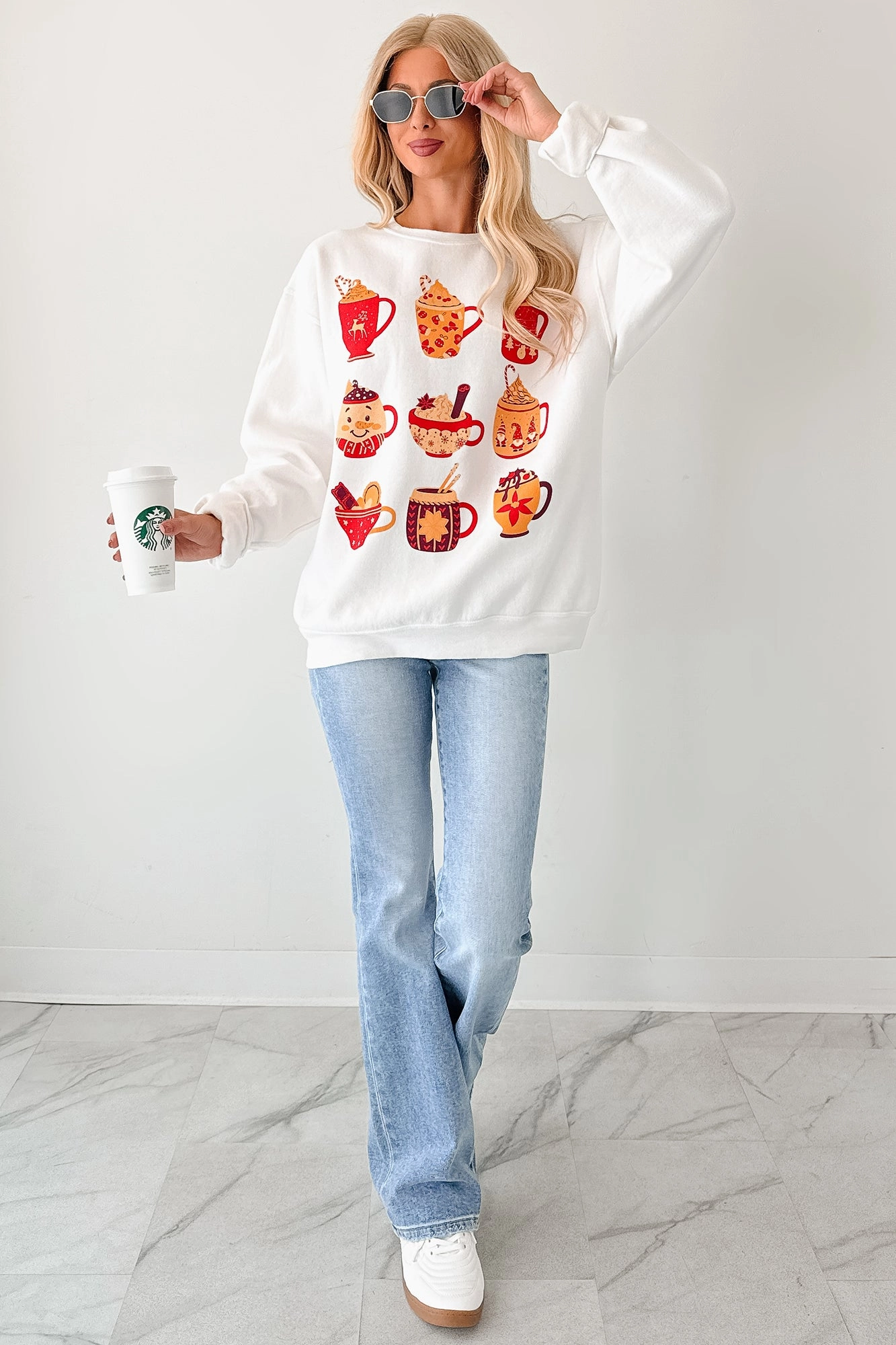 Cup Of Happiness Holiday Graphic Sweatshirt (Cream) Soft Cotton Blend