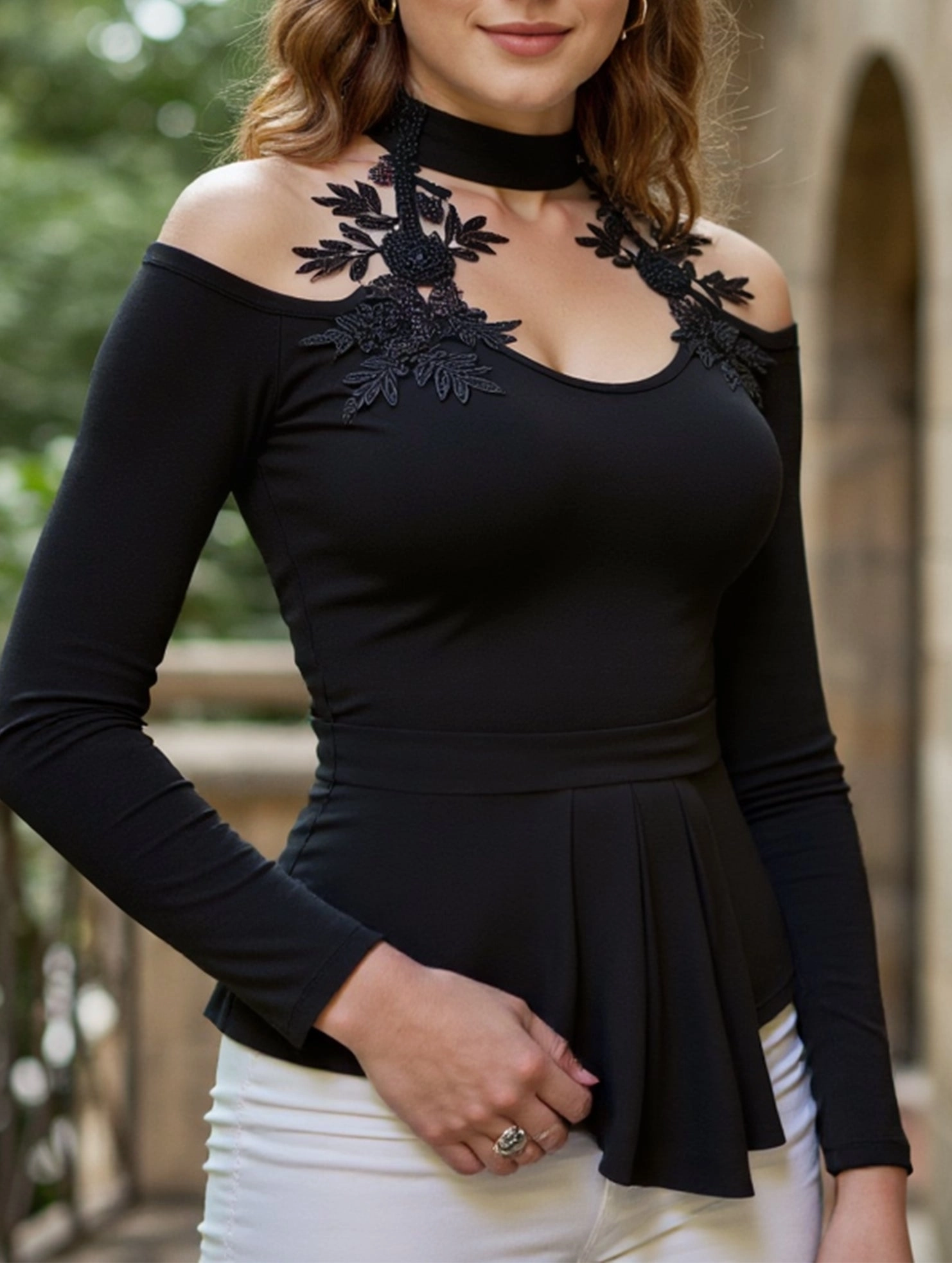 Layered Ply Construction Tagless Neckline Design Cutout Off-the-Shoulder Applique Slim-Fit Top