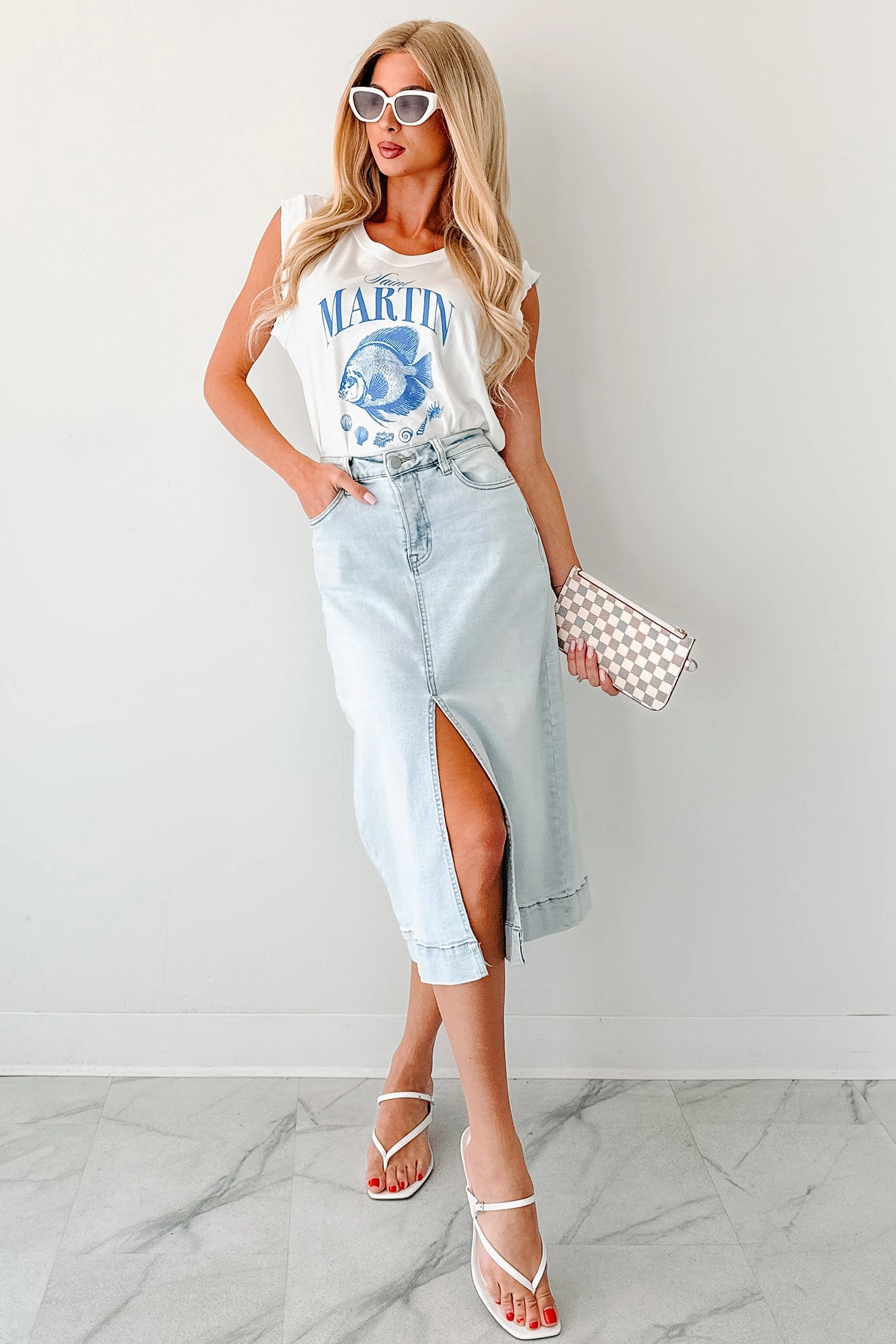 Skirtin' Around High Rise Denim Midi Skirt (Light) Flatlock Seams