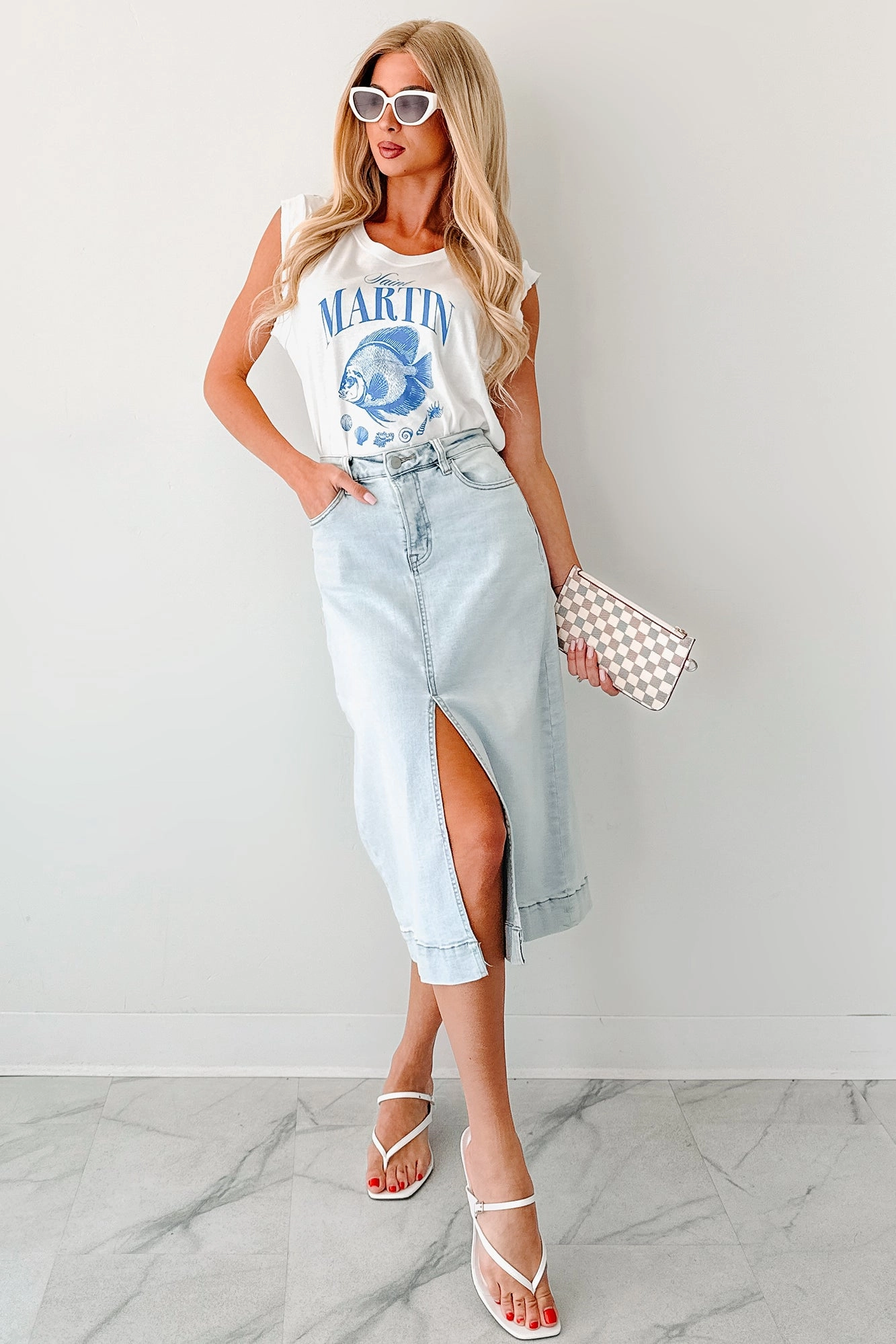 Anti Static Lining Skirtin' Around High Rise Denim Midi Skirt (Light)