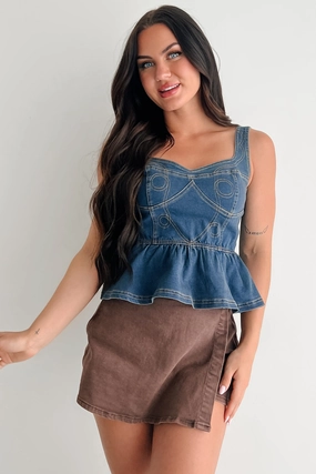 Dainty In Denim Peplum Tank Top (Medium Blue) BoxySilhouette Layered Collar Design