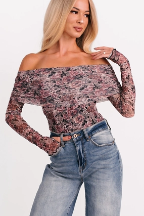 Daisy Fresh Off The Shoulder Floral Bodysuit (Black) BreathableMeshPanels
