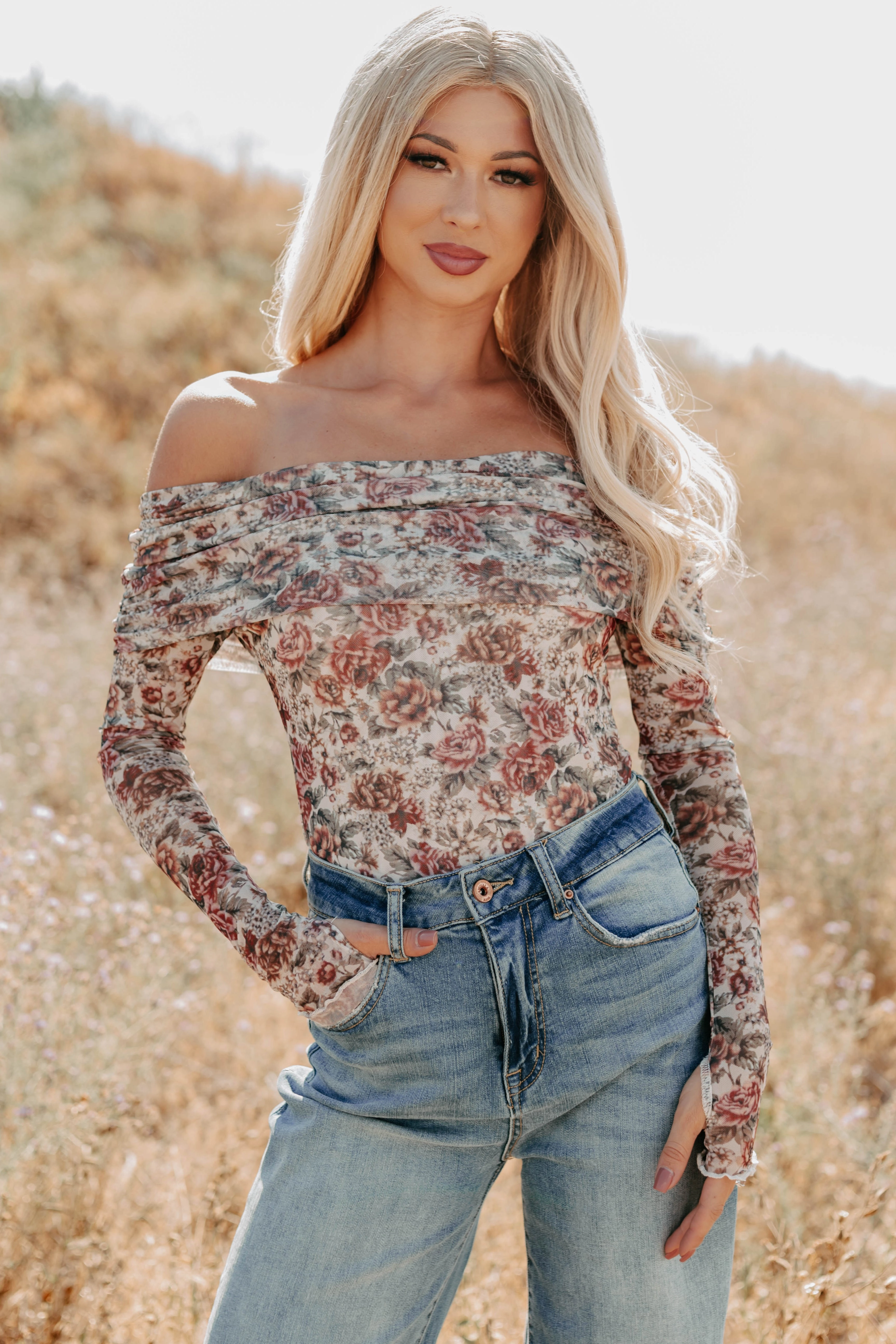 Daisy Fresh Off The Shoulder Floral Bodysuit (Cream) Breathable mesh panel Lightweight Jacket