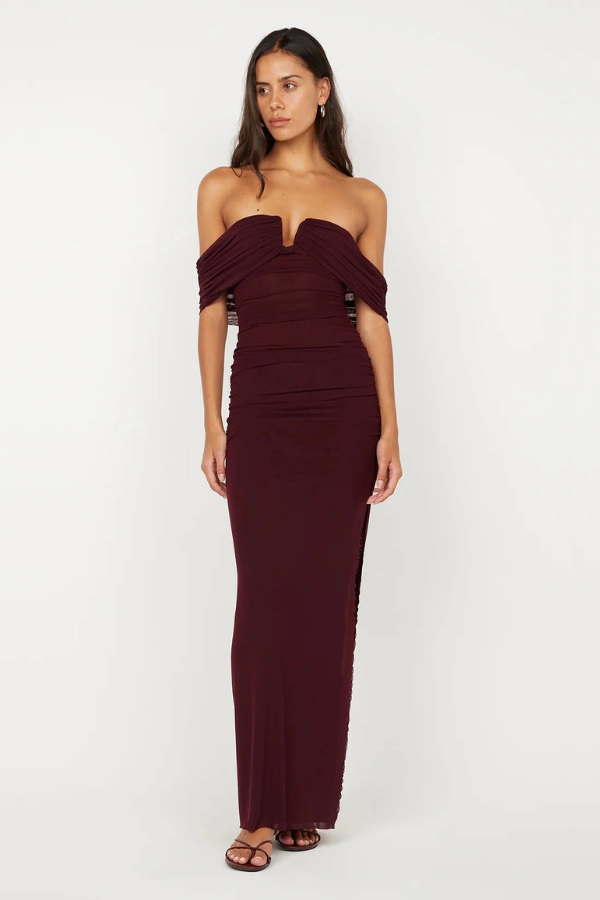 Poppy Gathered Maxi Dress Plum Fresh Appeal Anti-Static-Finish