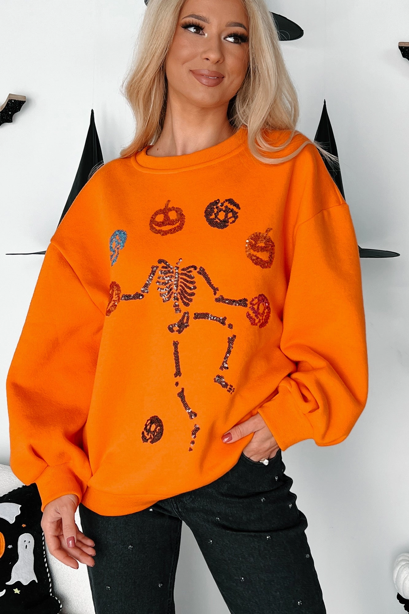 Dancing Critters Sequin Halloween Crewneck (Pumpkin) TemperatureRegulating Material