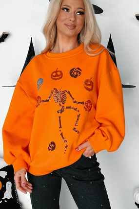 Minimalist Cuff Dancing Critters Sequin Halloween Crewneck (Pumpkin)