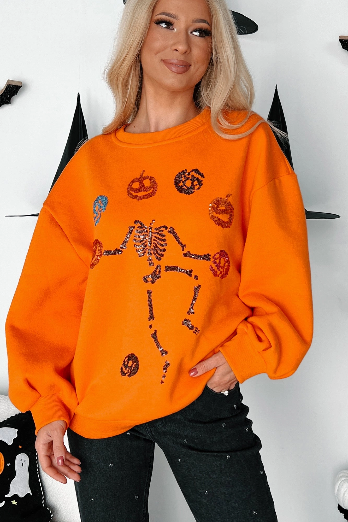 Dancing Critters Sequin Halloween Crewneck (Pumpkin) LowMaintenance Adjustable drawstring