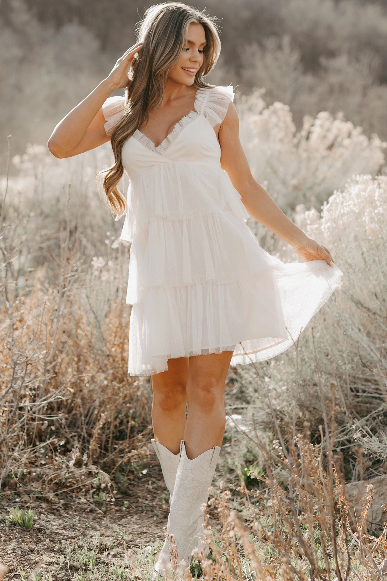 Dancing Flowers Tiered Mesh Mini Dress (Ivory) Classic Look