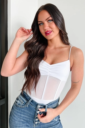 Unstructured Fit Dangerously Desirable Corset Mesh Bodysuit (White)