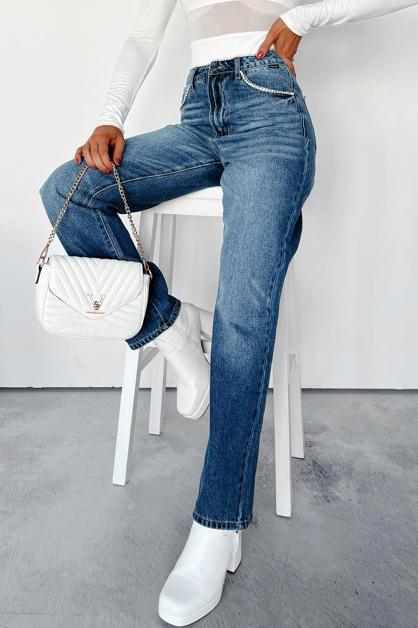 Functional Fit TearResistantMaterial Danson Rhinestone Embellished Cello Dad Jeans (Dark)