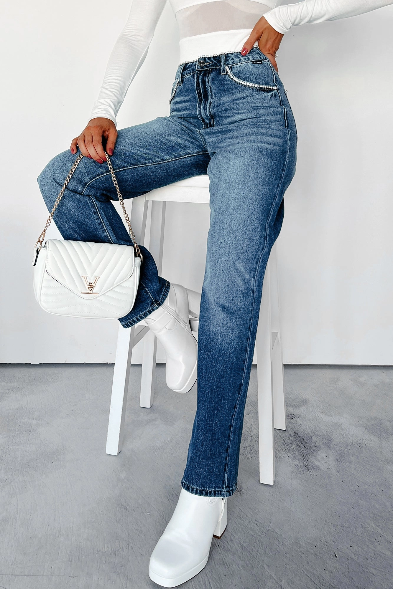 Danson Rhinestone Embellished Cello Dad Jeans (Dark) FlexibleMobilityDesign Smooth Finish