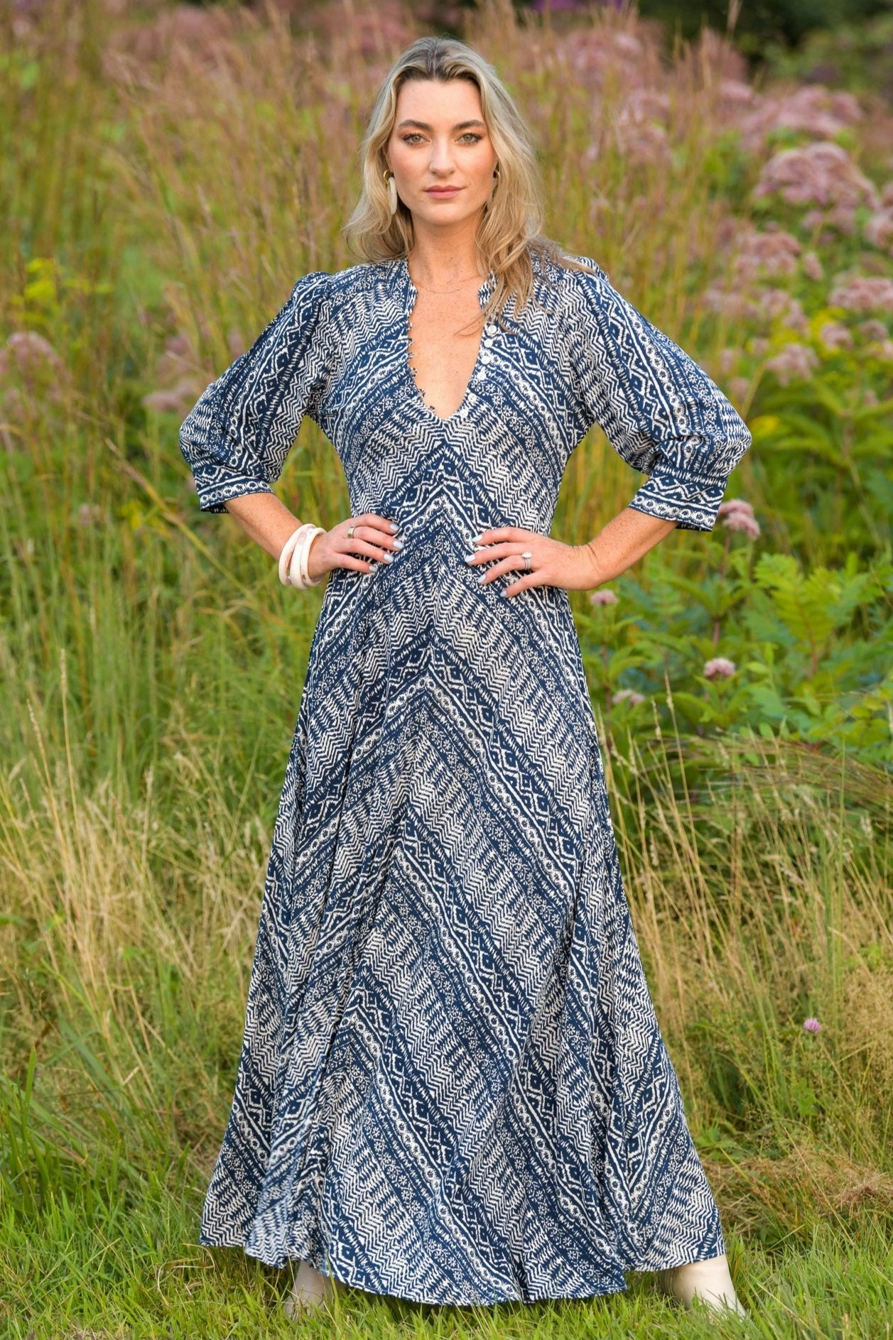 Breathable Material Daphne Dress / Indigo Aztec