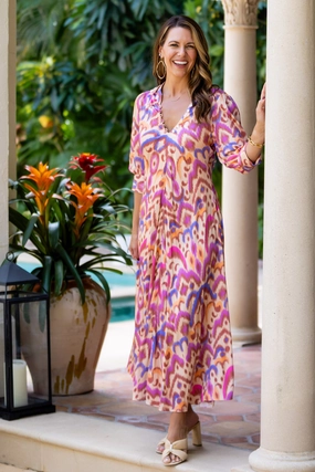 Daphne Dress / Purple Brown Ikat City Flow