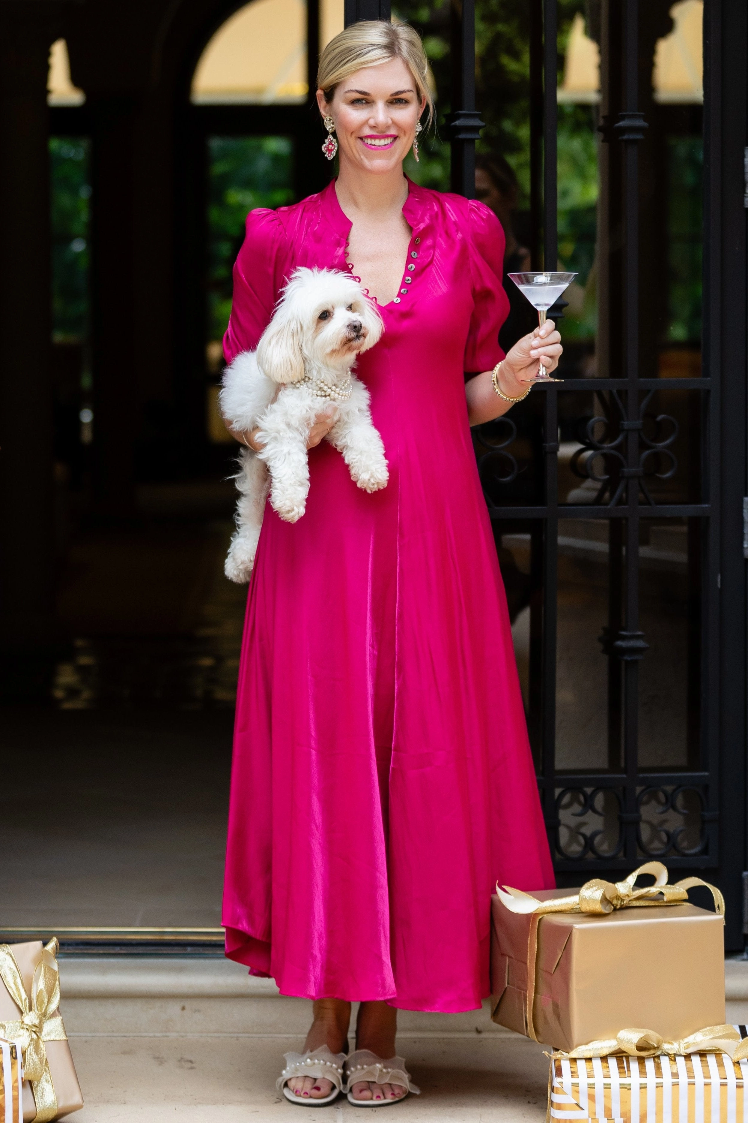 Layered-Look Light Bow Daphne Dress / Raspberry