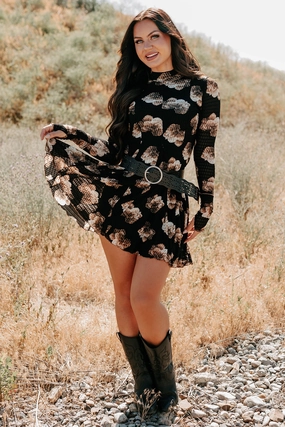 Daring Heart Floral Mock Neck Mini Dress (Taupe/Black) Spring Vibe Bold Color