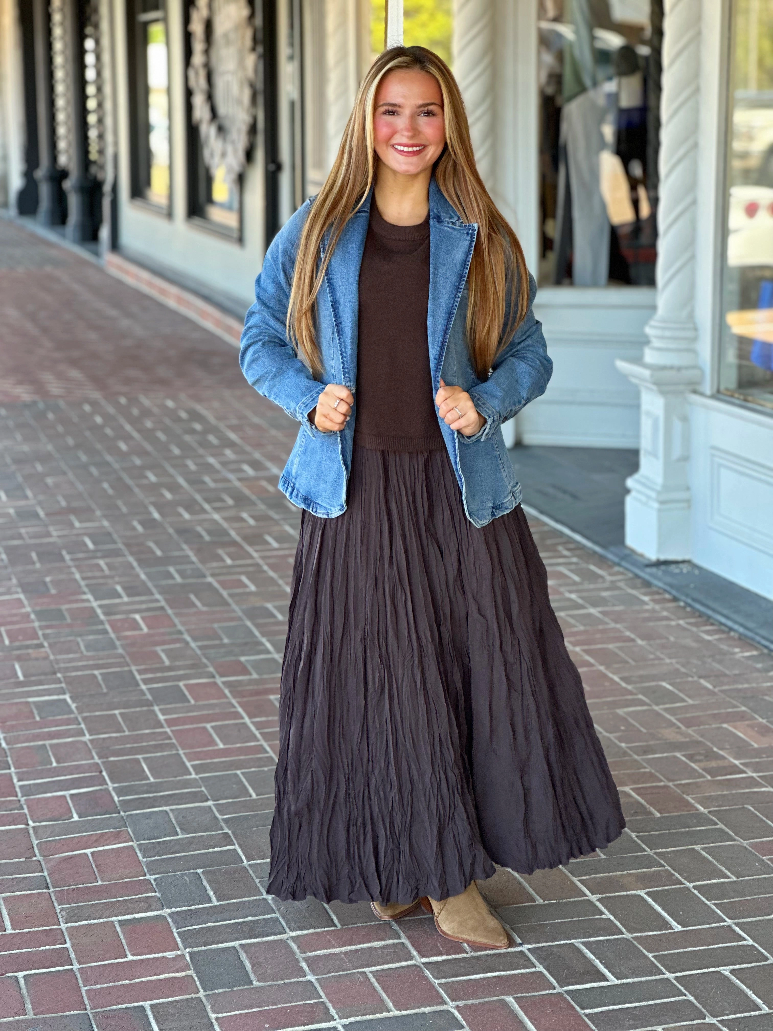 Sleek Flow Dark Brown Elegant Crinkled Maxi Skirt