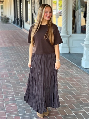 Dark Brown Elegant Crinkled Maxi Skirt Minimalist Style Daily Wear