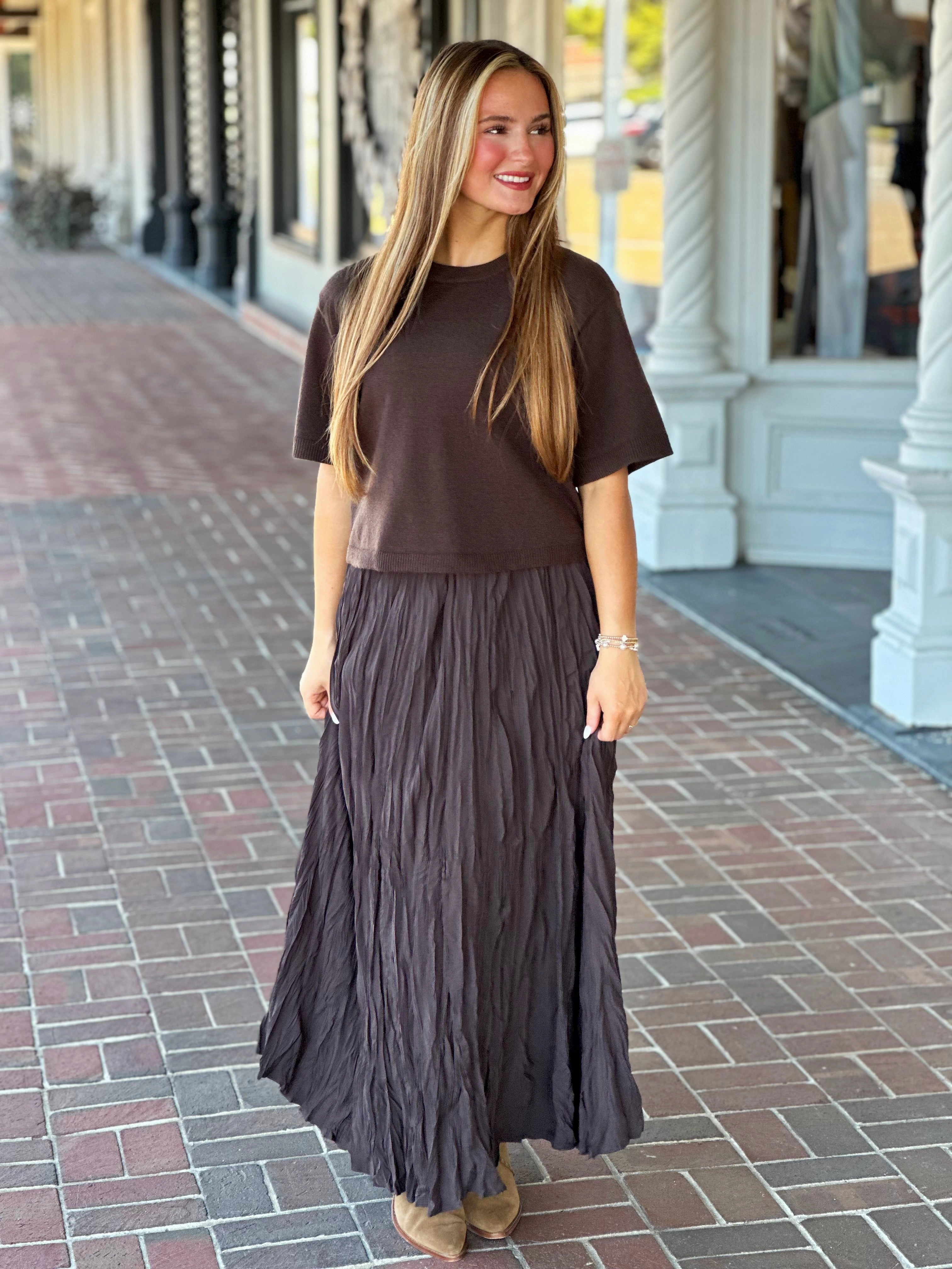 Dark Brown Elegant Crinkled Maxi Skirt Minimalist Style Daily Wear