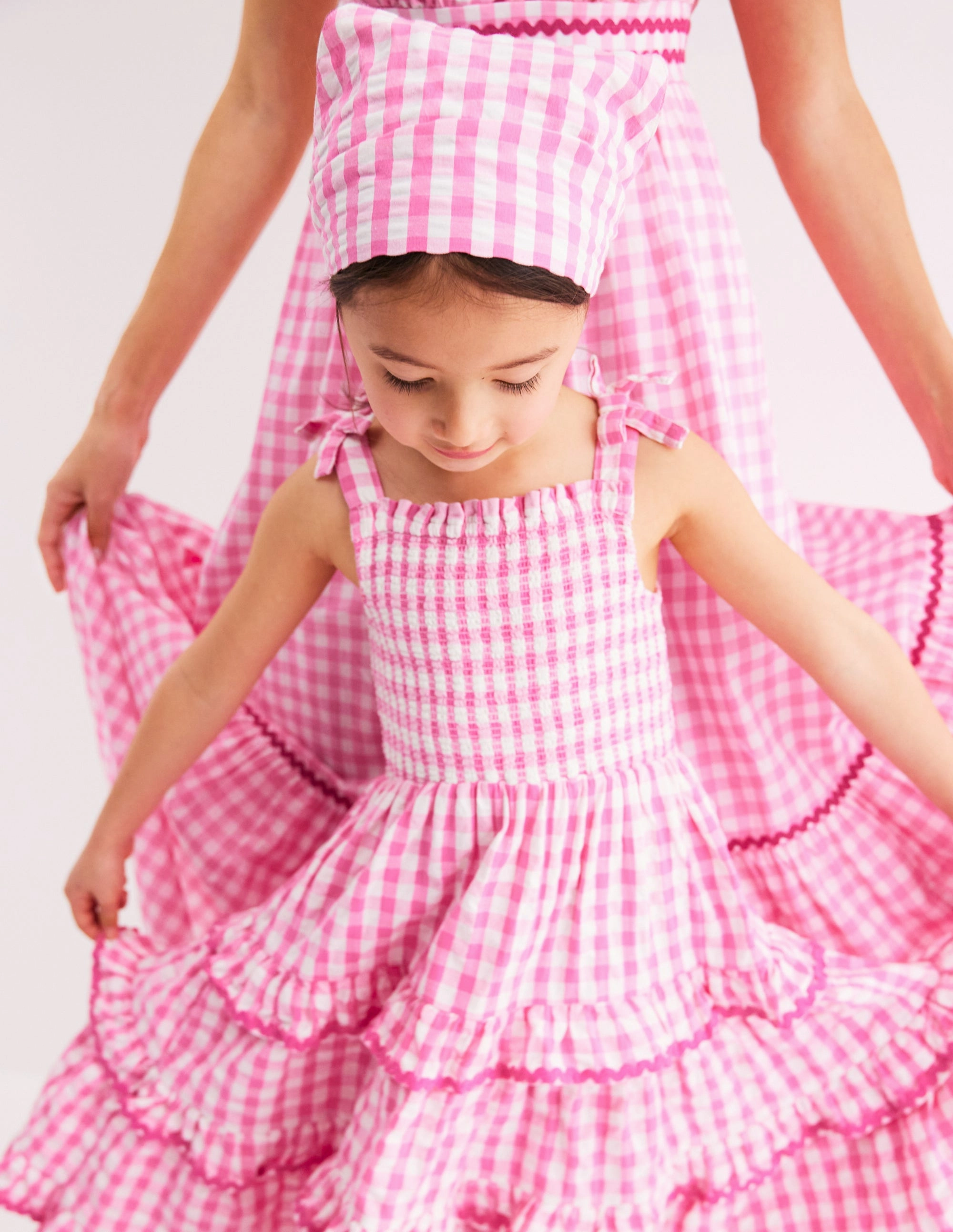 Odette Tiered Woven Sundress-Pink Gingham Daisies Geometric-pattern Hot Now