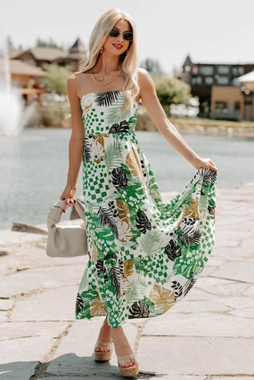 Feel It First Strapless Leaf Print Maxi Dress (Ivory/Green) Versatile Look Timeless Style Wear