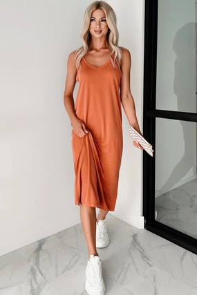 Smart Tones Keeping It Real V Neck Midi Dress (Baked Clay)