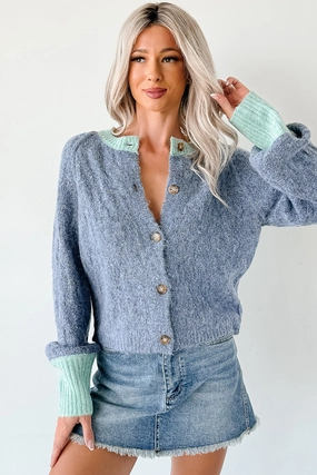 All Over Print Technique LayeringFriendly Weight Daydream Zen Knit Contrast Glittery Cardigan (Blue)