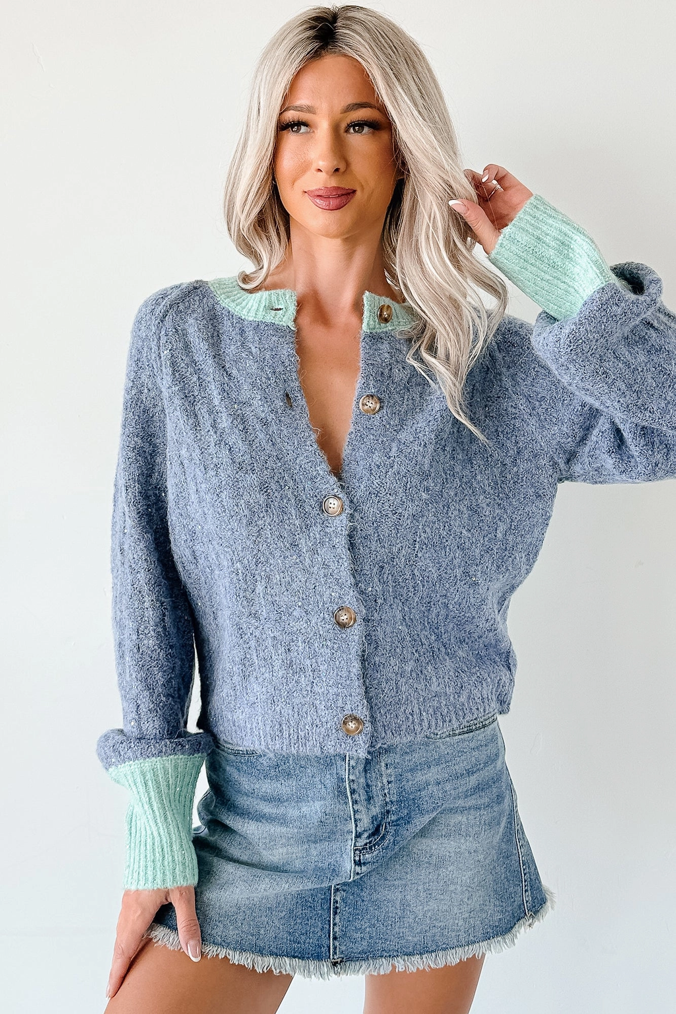 Basic Wardrobe Daydream Zen Knit Contrast Glittery Cardigan (Blue)