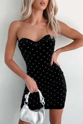 Defying Expectations Quilt Stitch Beaded Velvet Dress (Black) Elegant Fabric