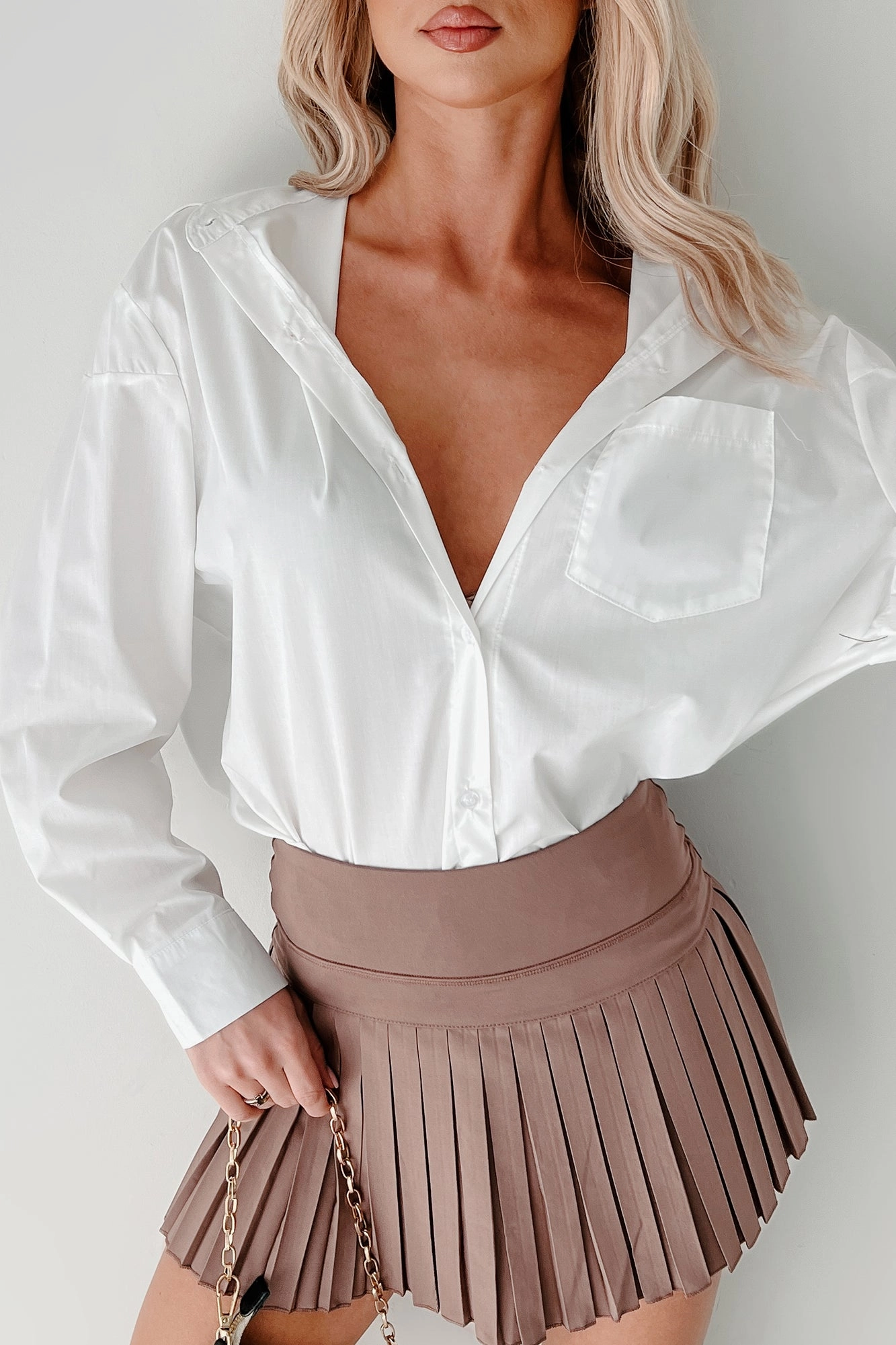 Deadline Hustle Long Sleeve Collared Top (White) Hidden Zipper Closure standard fit