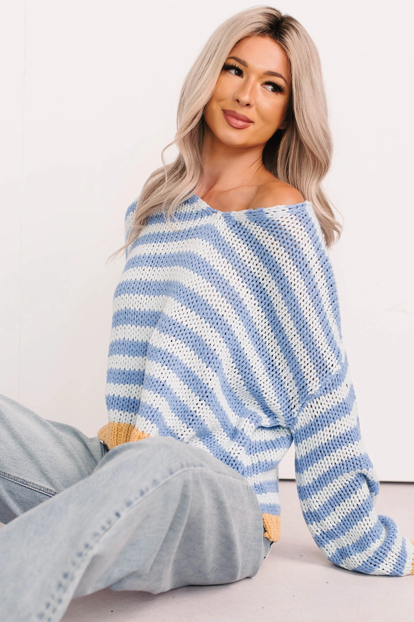 Deep Trance Relaxed Stripe Sweater (Denim/Mustard) Double Stitched Seams