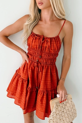 Vibrant Spirit Light Cloud Deeply In Love Striped Ruffle Tier Mini Dress (Brick)