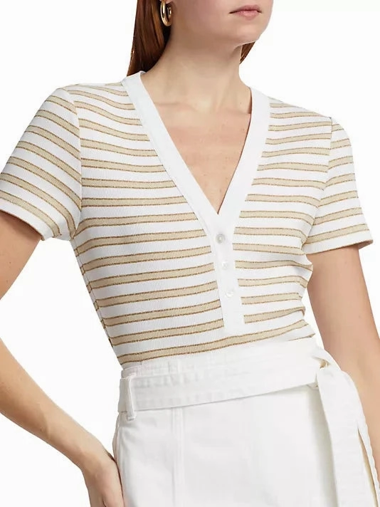 Ribbed Hem Finish Deklab Ribbed Henley T-Shirt Khaki/White