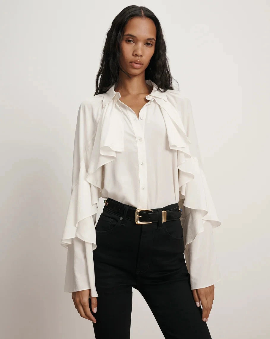 Demaris Ruffled Button-Down Blouse Dove Reverseble Design