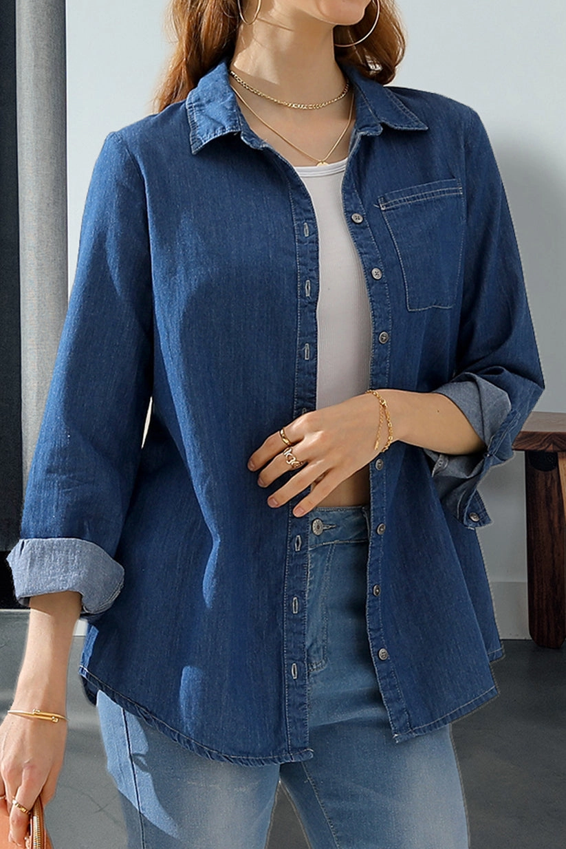 PocketDetails AntiStaticFabric DENIM CHAMBRAY BUTTON UP LONG SLEEVE TOP
