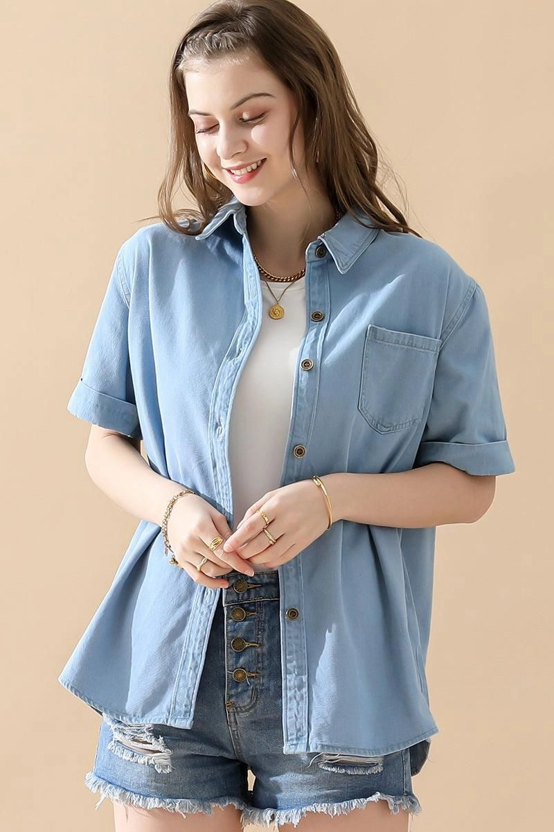 NonChafingTrim DENIM ROLL UP SHORT SLEEVES ONE POCKET SHIRTS