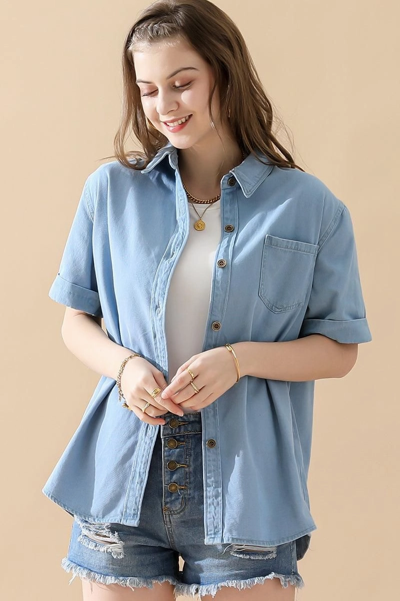 SnagFreeKnit DENIM ROLL UP SHORT SLEEVES ONE POCKET SHIRTS