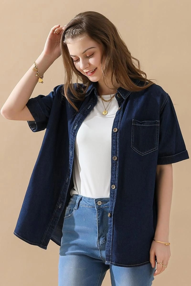 DENIM ROLL UP SHORT SLEEVES ONE POCKET SHIRTS Noise Reduced Zipper