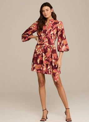 Elastic-Waist Izzie Dress Ikat Foliage Bordeaux Red